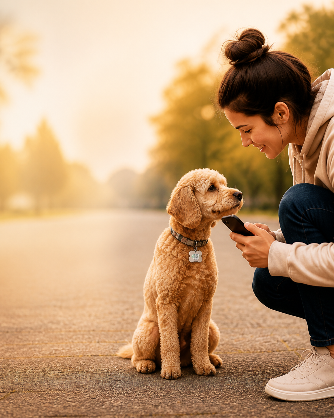 A woman using a phone beside a cockapoo wearing a small white bone-shaped QR tag